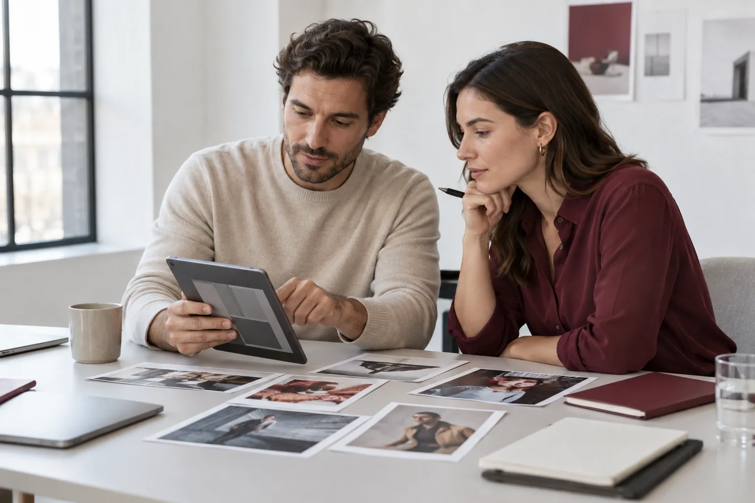 Duas pessoas analisando materiais de campanha e um tablet em uma mesa de trabalho.