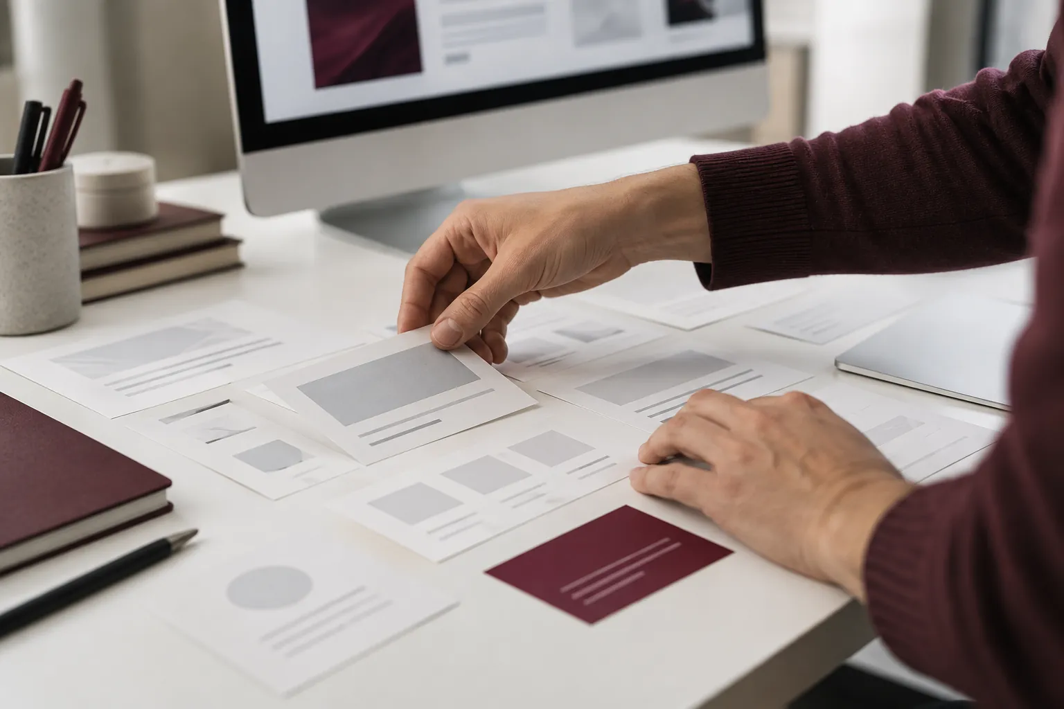 Mãos de uma designer organizando wireframes de uma página em cartões de papel.