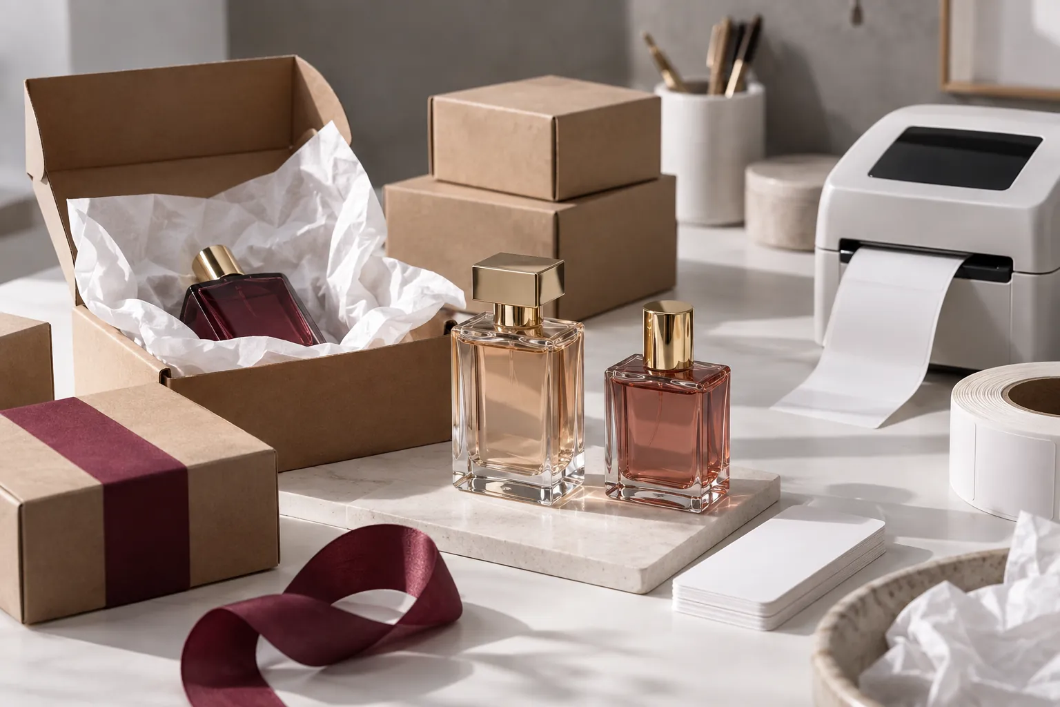 Produtos de perfumaria e embalagens organizados para preparar pedidos de uma loja virtual.