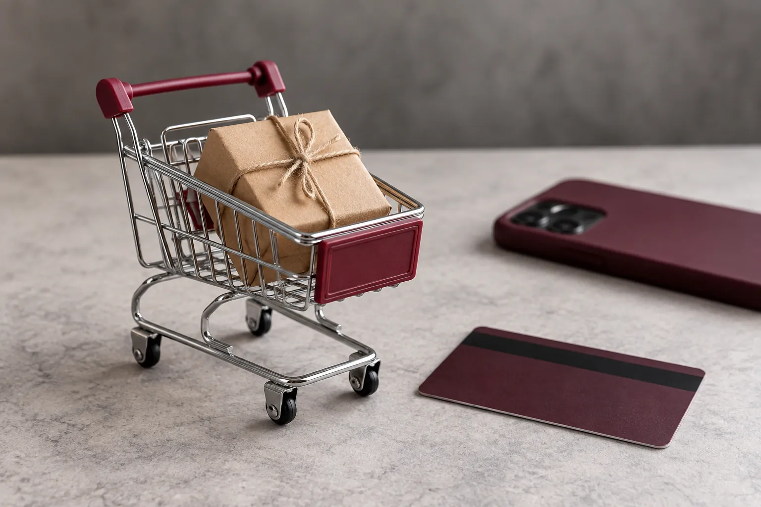 Pequeno carrinho de compras com uma encomenda ao lado de um celular e um cartão.