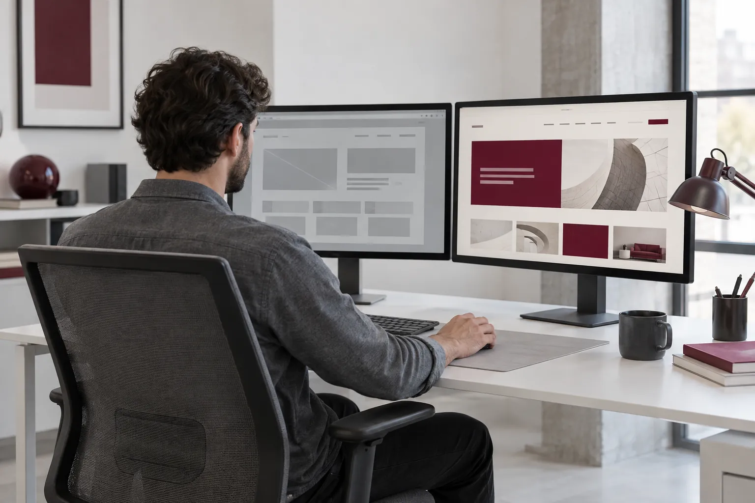 Profissional trabalhando com dois monitores que apresentam layouts de sites.