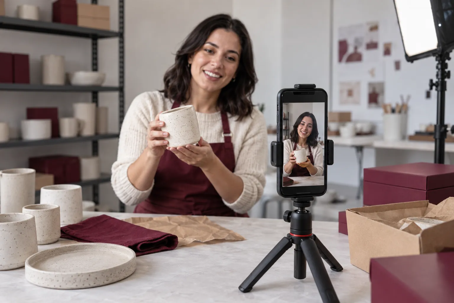 Celular em um tripé gravando a apresentação de um produto em um estúdio.